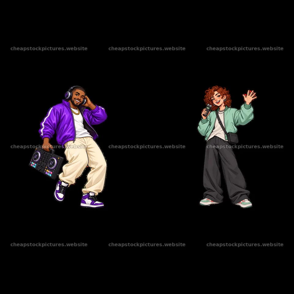 Hip-hop artists with boombox and microphone in urban setting – stock pictures 7746x7746