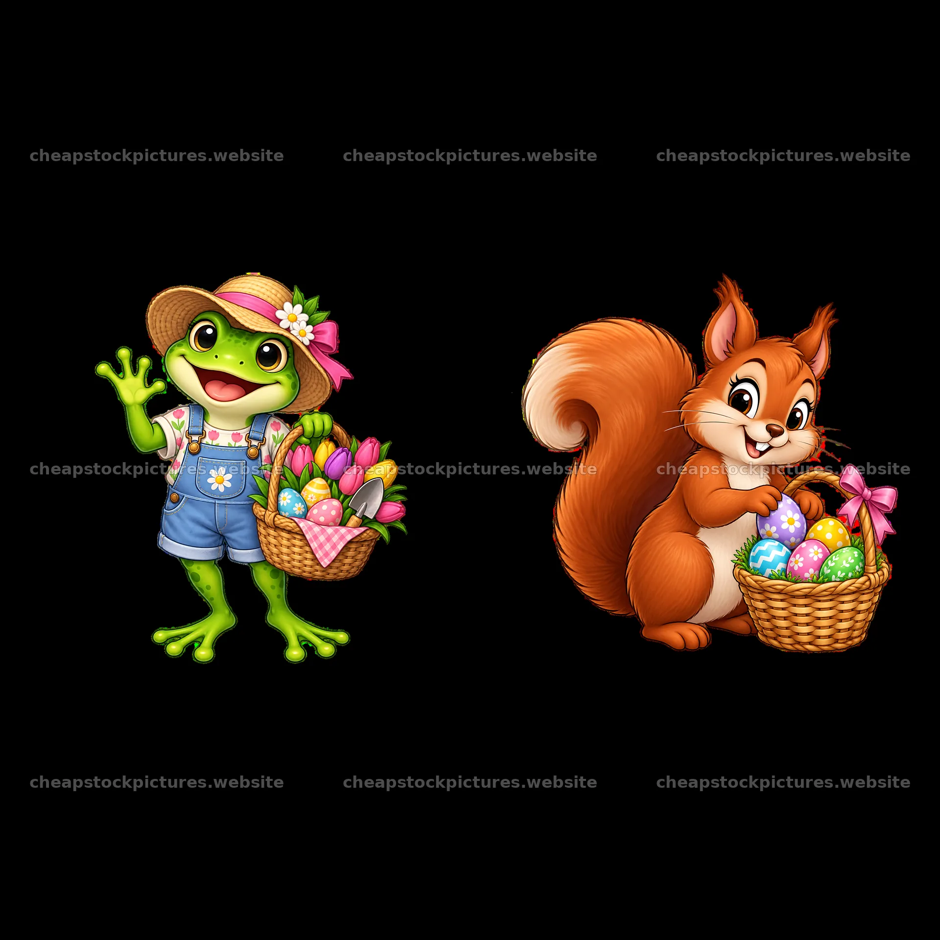 Frog and squirrel holding Easter baskets with colorful eggs – stock pictures 7746x7746
