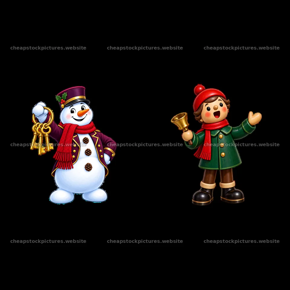 Snowman holds keys with child ringing bell in Christmas villa – stock pictures 7746x7746