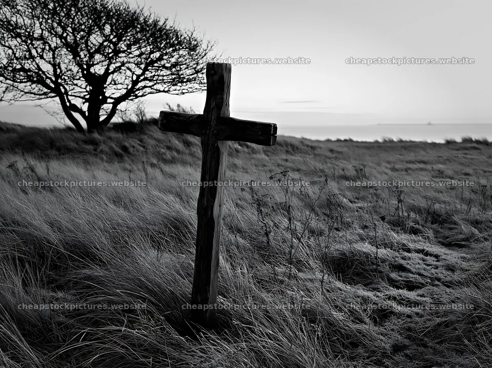 Carved oak cross in frosted meadow near tree – stock pictures 9174x6866