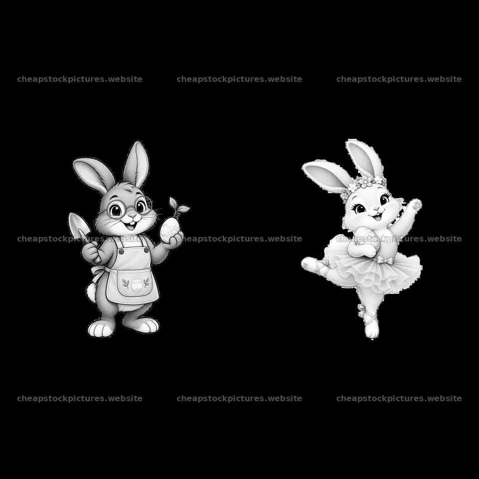 Bunny holding egg and flower next to dancing bunny with tutu – stock pictures 7746x7746