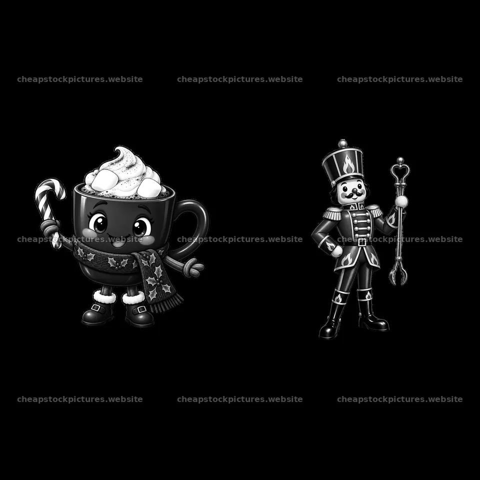Christmas characters with hot chocolate and nutcracker – stock pictures 7746x7746