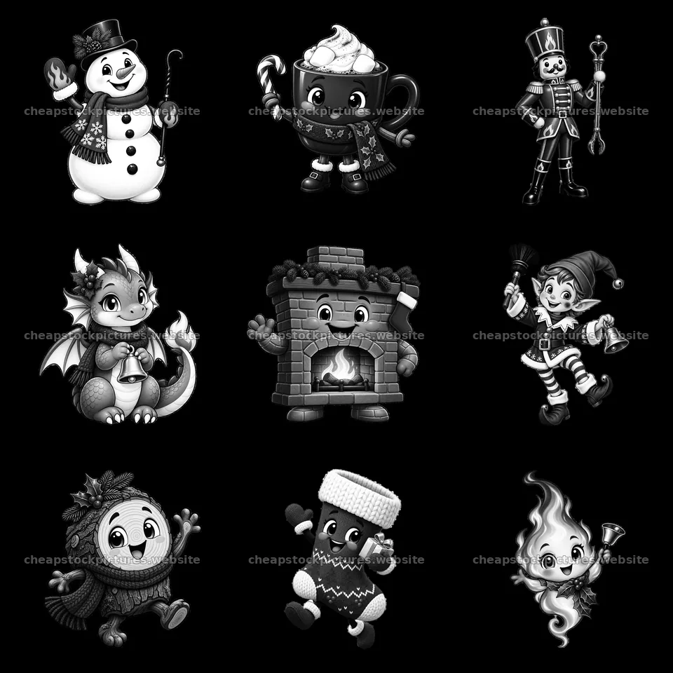 Christmas characters near a fireplace in a 3x3 grid – stock pictures 7746x7746