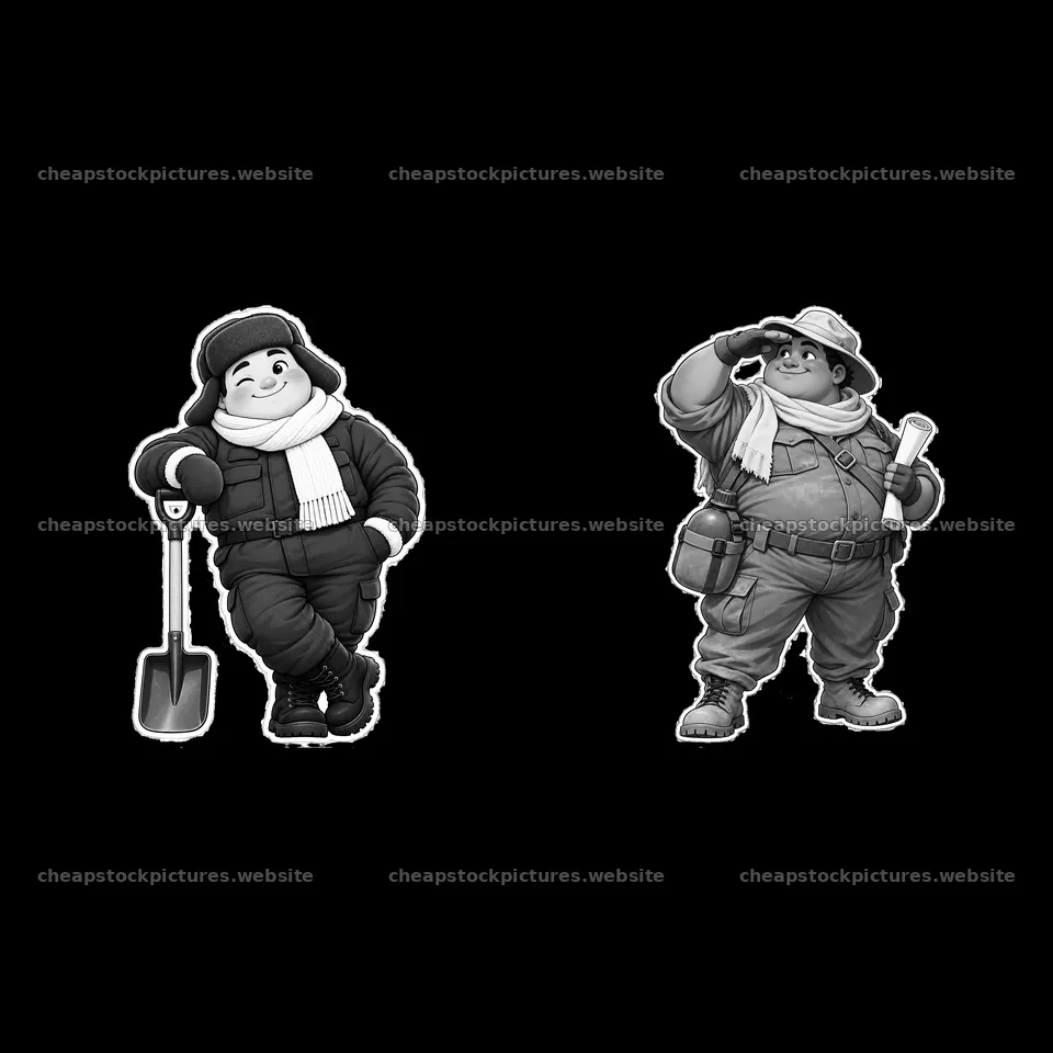 Chubby cartoon soldiers with shovel and paper salute in monochrome – stock pictures 7746x7746
