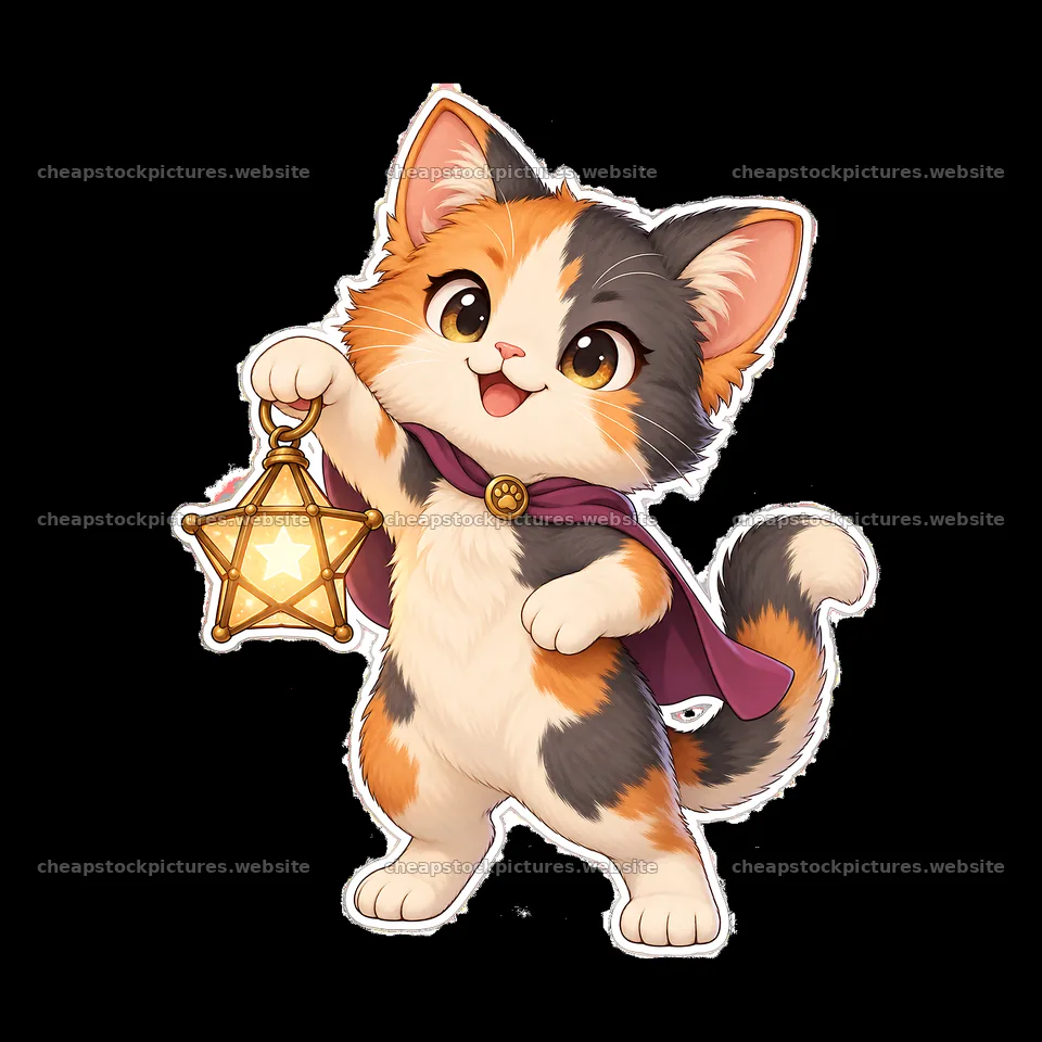 Kawaii cat holding a glowing star lantern in a purple cape – stock pictures 7746x7746
