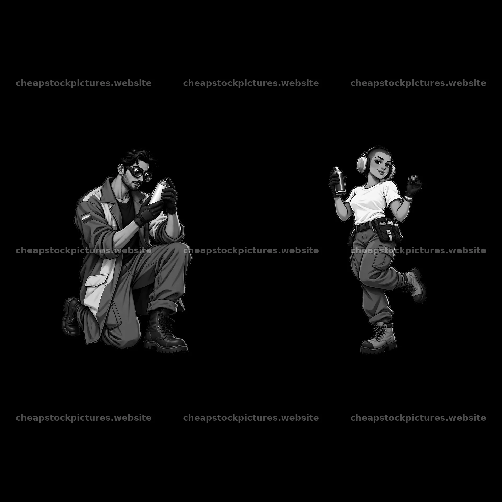 Gay graffiti artists spray painting in black and white – stock pictures 7746x7746