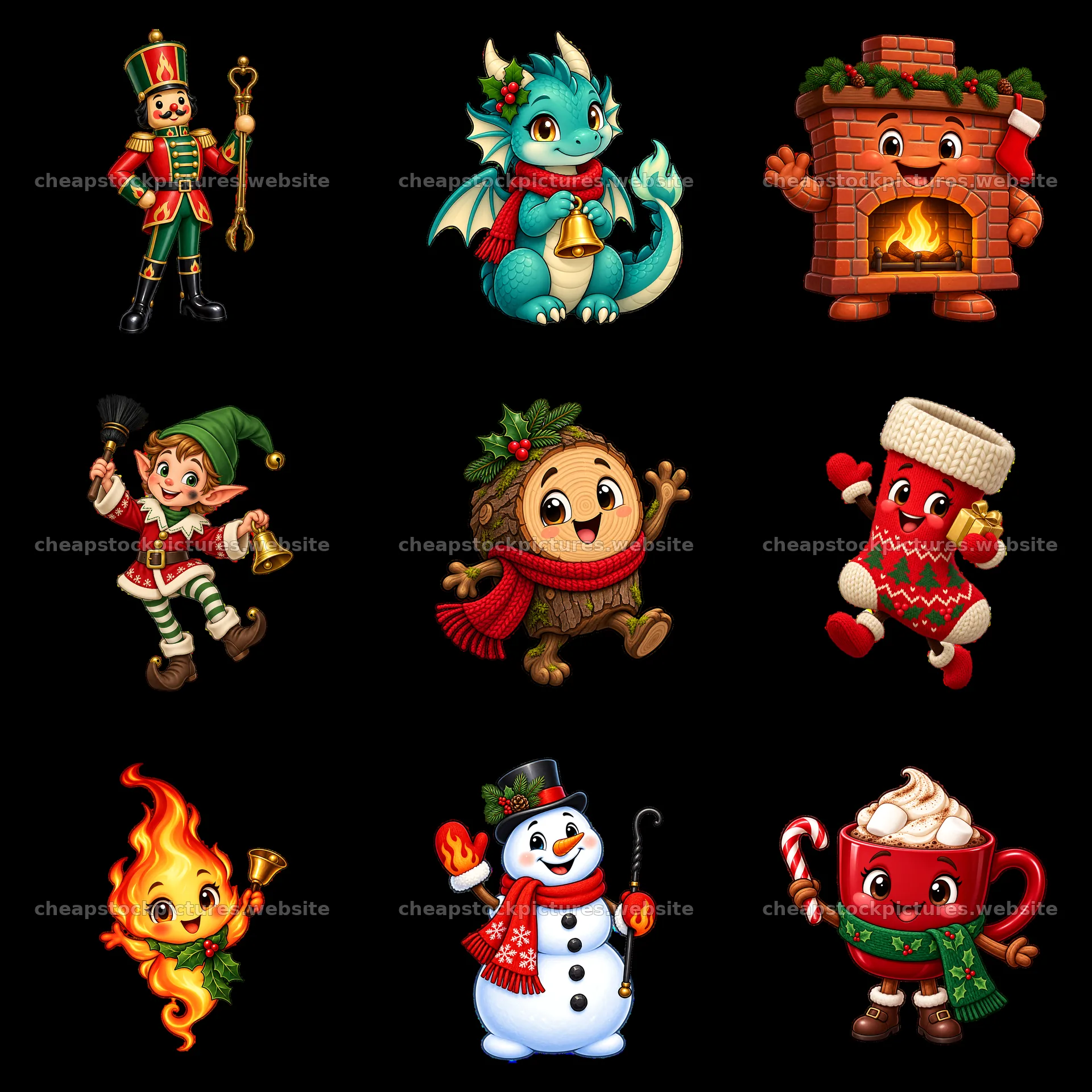 Colorful Christmas characters surrounding a festive fireplace – stock pictures 7746x7746