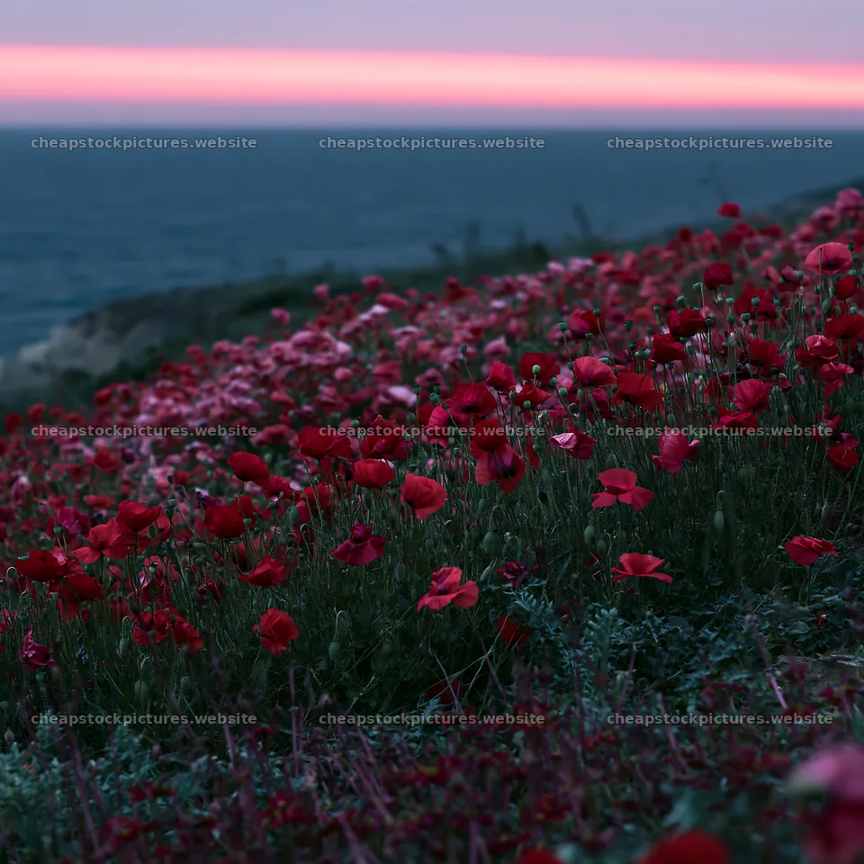 Colorful poppy meadow near the ocean at sunset – stock pictures 7938x7938