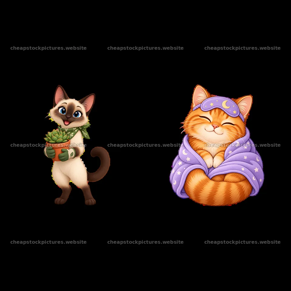 Two cartoon cats, one holding a plant, the other in a blanket – stock pictures 7746x7746