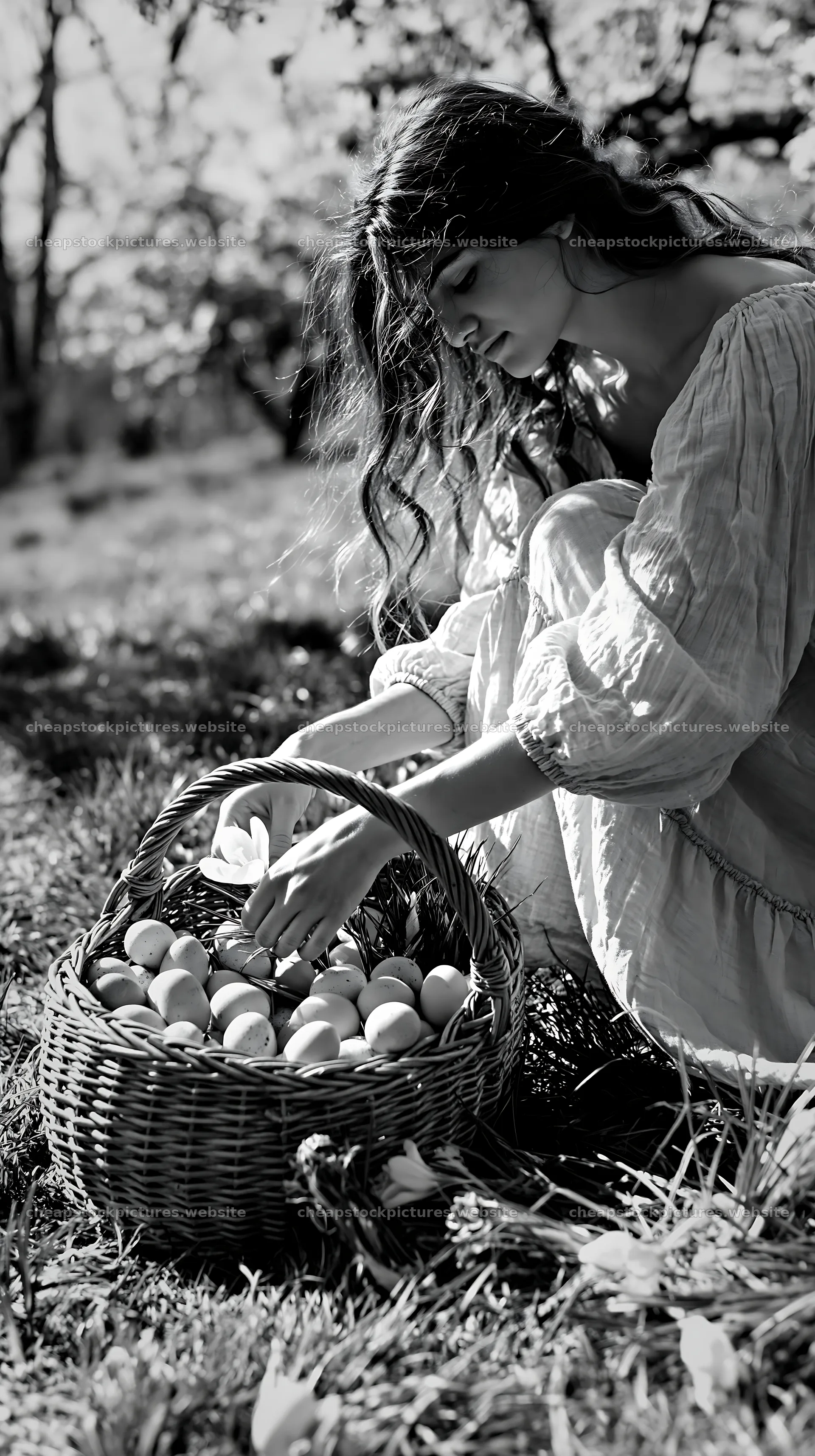 Easter basket filled with eggs in a meadow setting – stock pictures 5938x10608