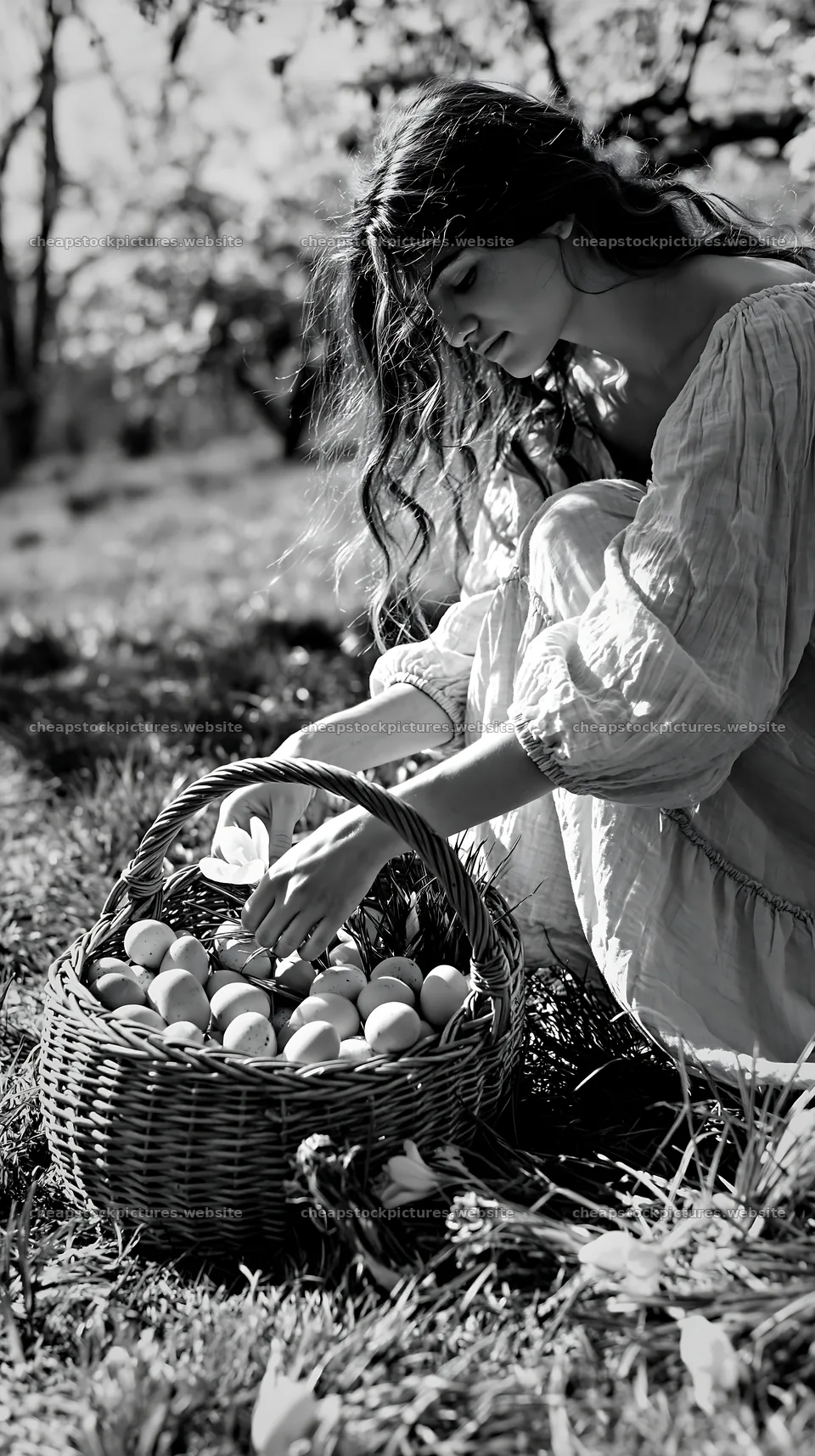 Easter basket filled with eggs in a meadow setting – stock pictures 5938x10608