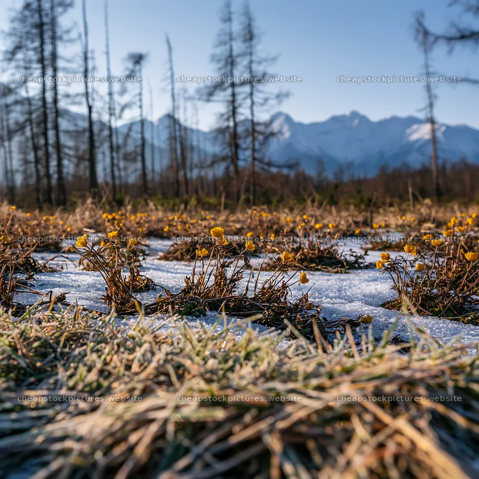 Blossoming flowers in Tatra mountains meadow during spring snowmelt – stock pictures 7938x7938