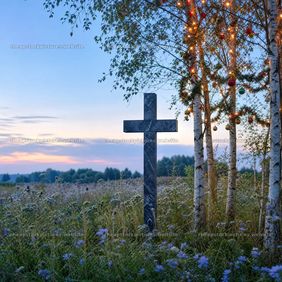 Marble Christian cross in a meadow with birch trees – stock pictures 7938x7938