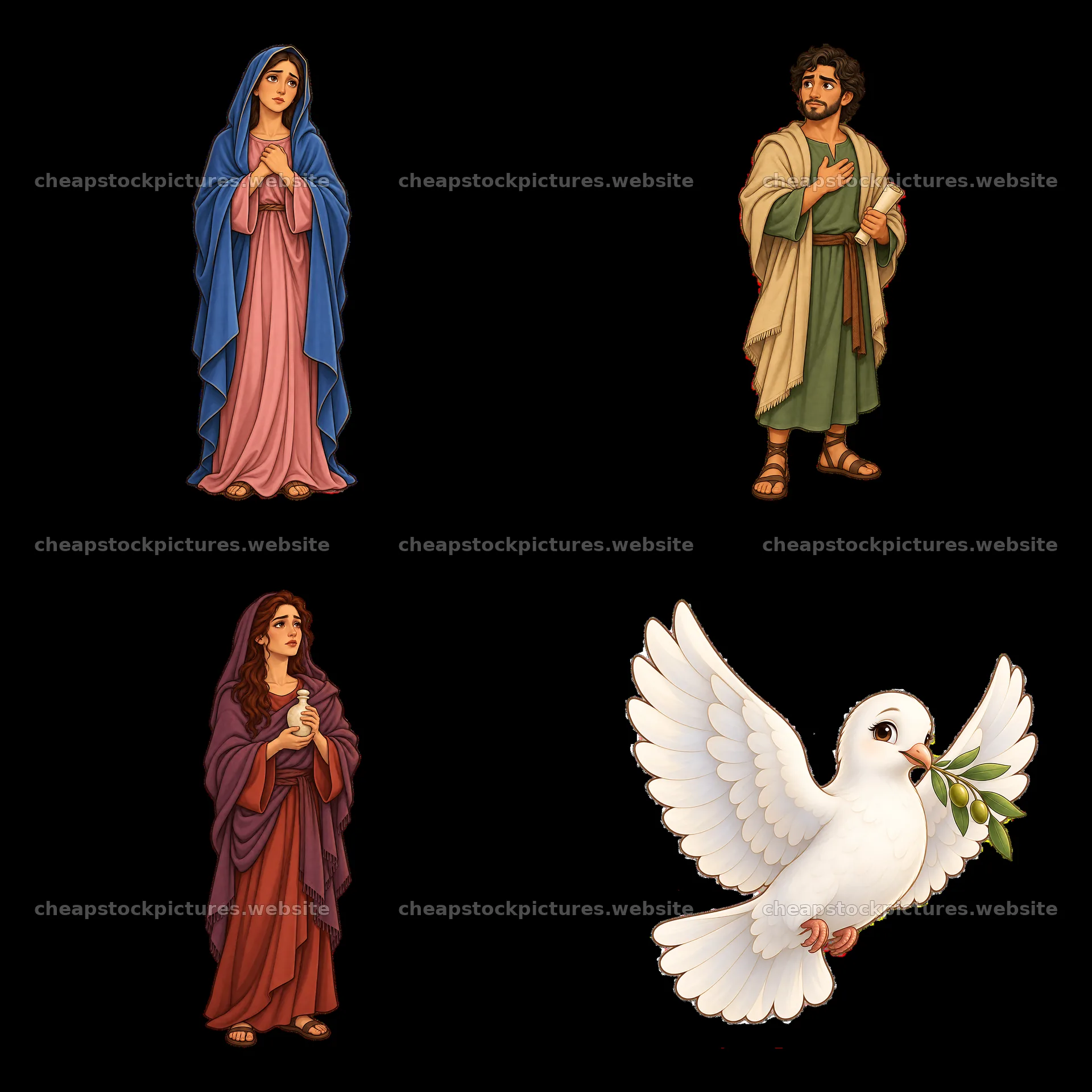 Jesus on the cross with Mary, John, and a dove illustration – stock pictures 7746x7746