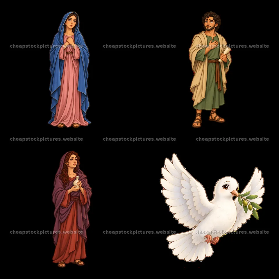 Jesus on the cross with Mary, John, and a dove illustration – stock pictures 7746x7746