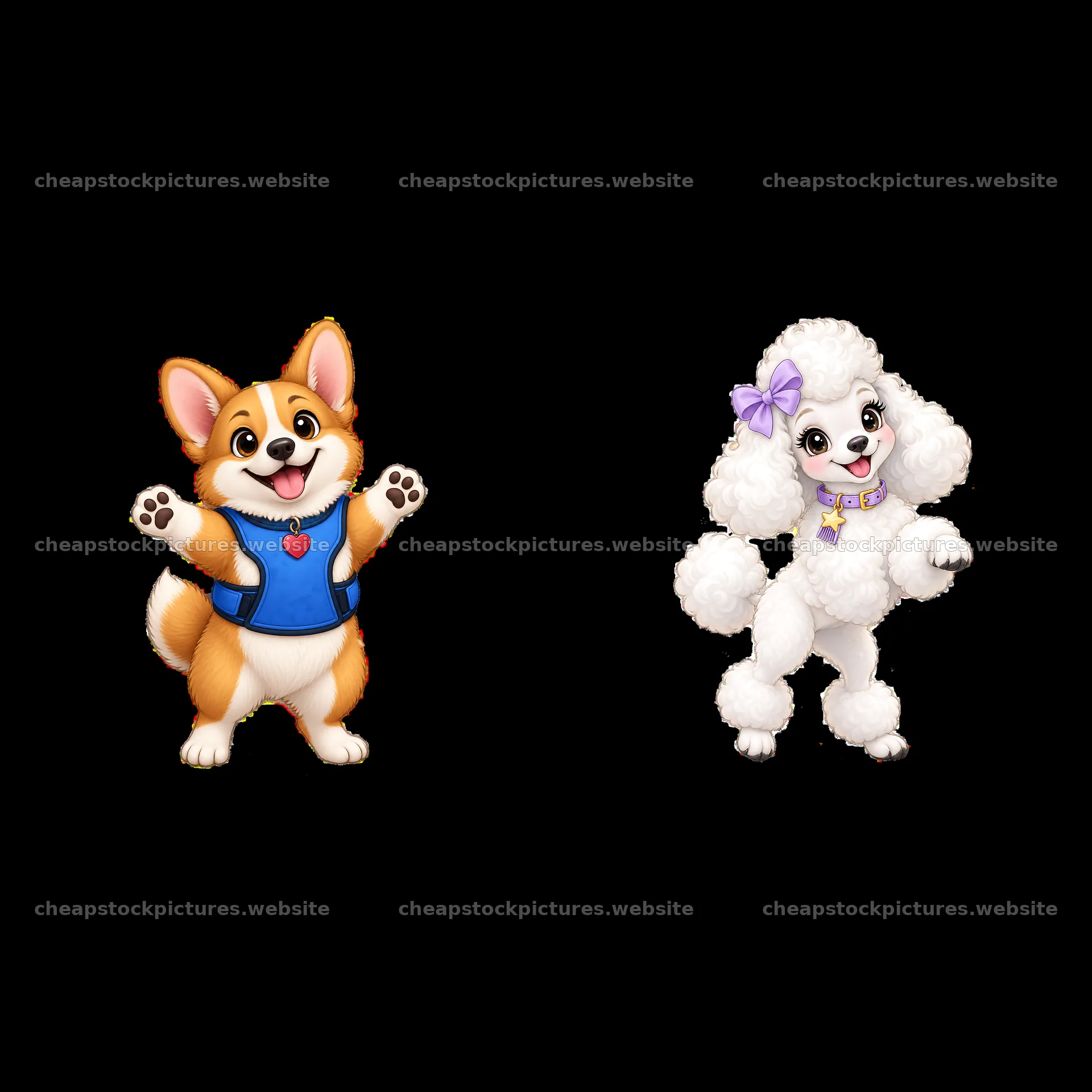 Cute cartoon K-9 dogs in playful poses with colorful accessories – stock pictures 7746x7746