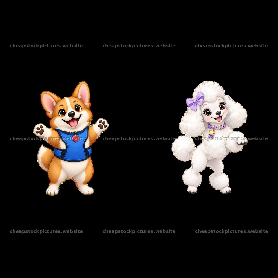 Cute cartoon K-9 dogs in playful poses with colorful accessories – stock pictures 7746x7746
