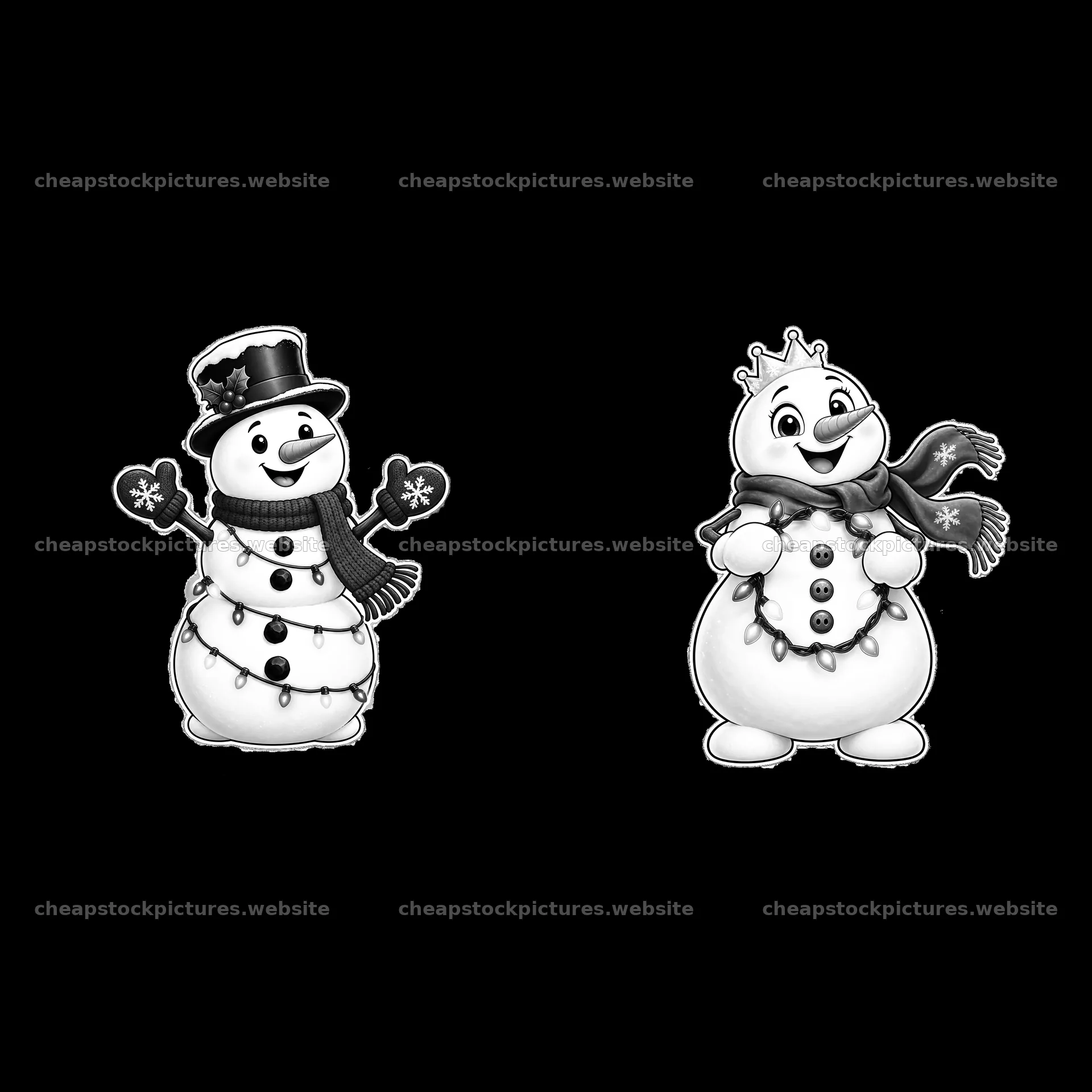 Snowman characters with string lights celebrating the winter season – stock pictures 7746x7746