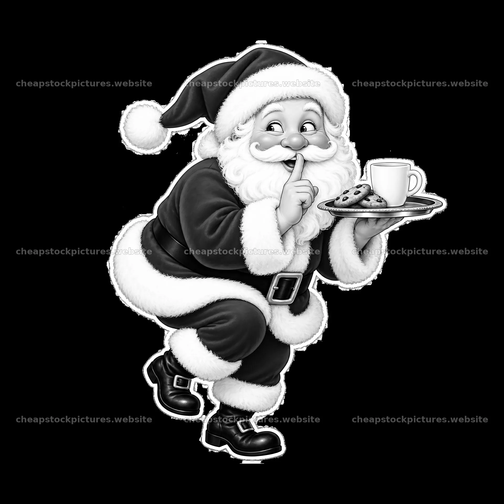 Santa Claus holding cookies and a drink while shushing – stock pictures 7746x7746