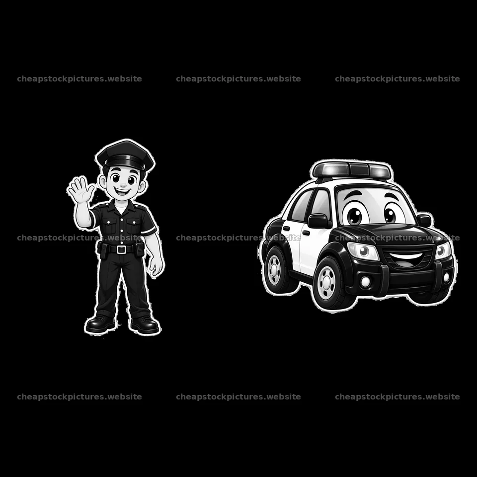 Cartoon police officer waving next to a police car – stock pictures 7746x7746