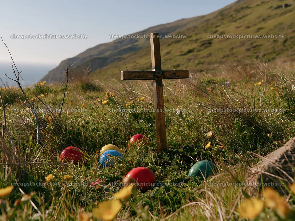 Christian cross in valley meadow with colorful eggs – stock pictures 9174x6866
