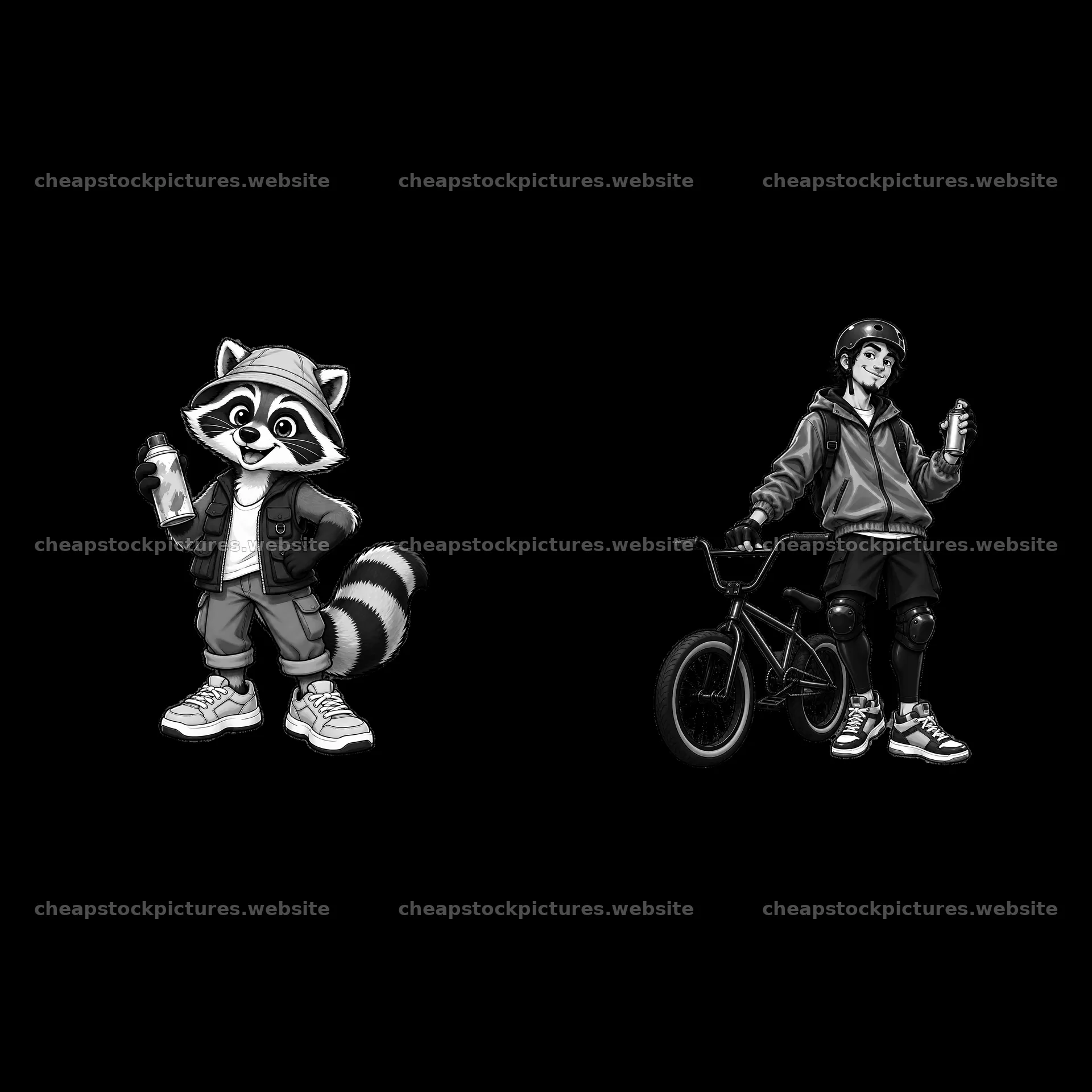 Cool graffiti sprayer raccoon and biker with spray can – stock pictures 7746x7746