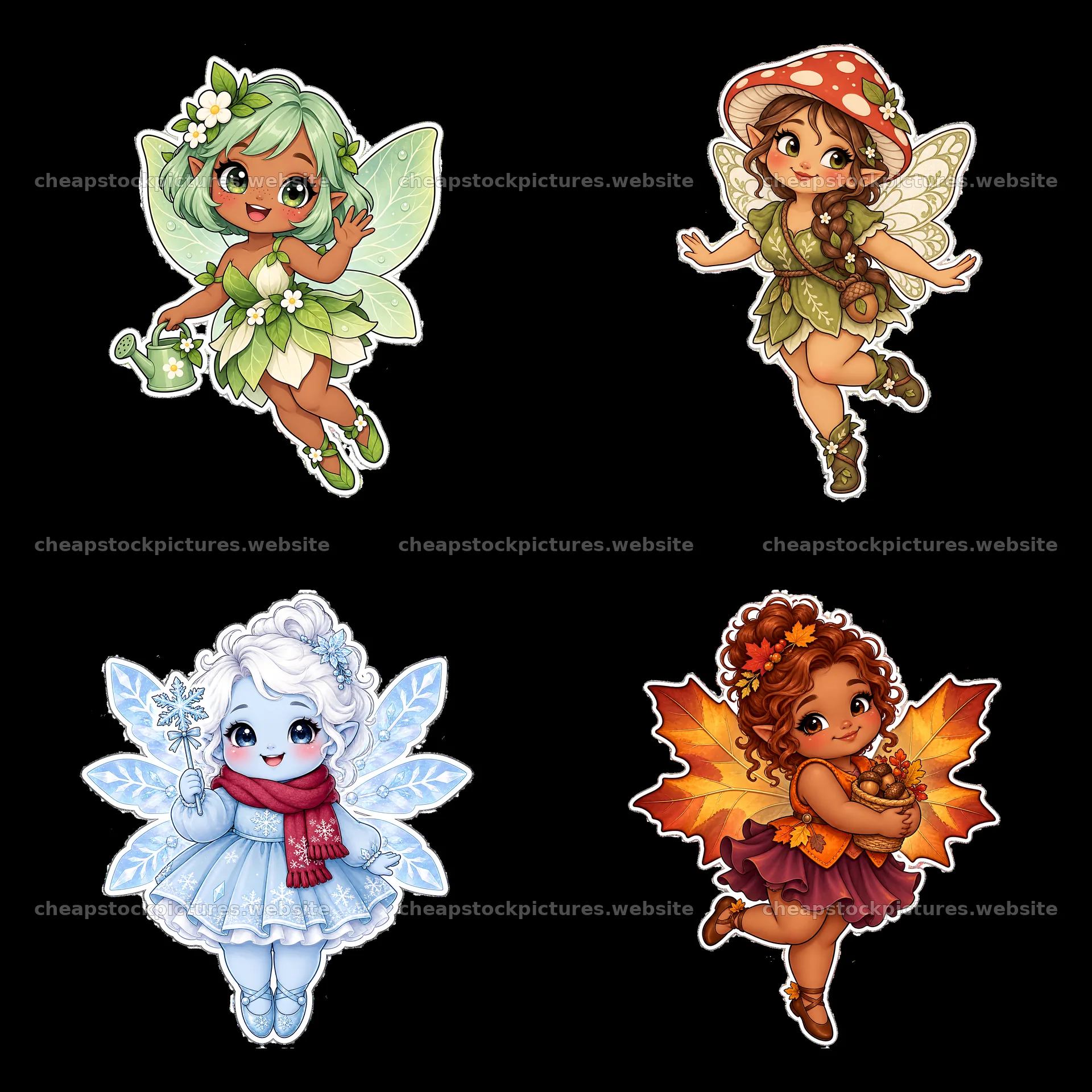 Kawaii chubby fairies in four unique designs with accessories – stock pictures 7746x7746