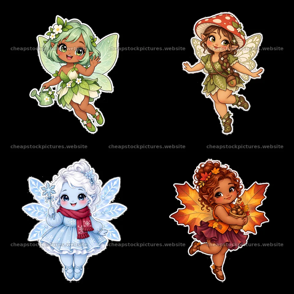Kawaii chubby fairies in four unique designs with accessories – stock pictures 7746x7746