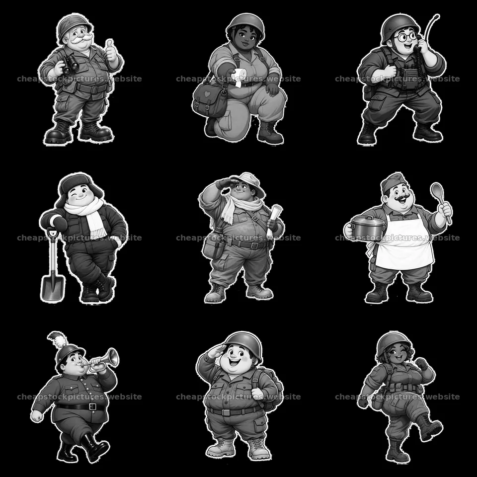 Chubby soldiers in different poses, black and white art – stock pictures 7746x7746