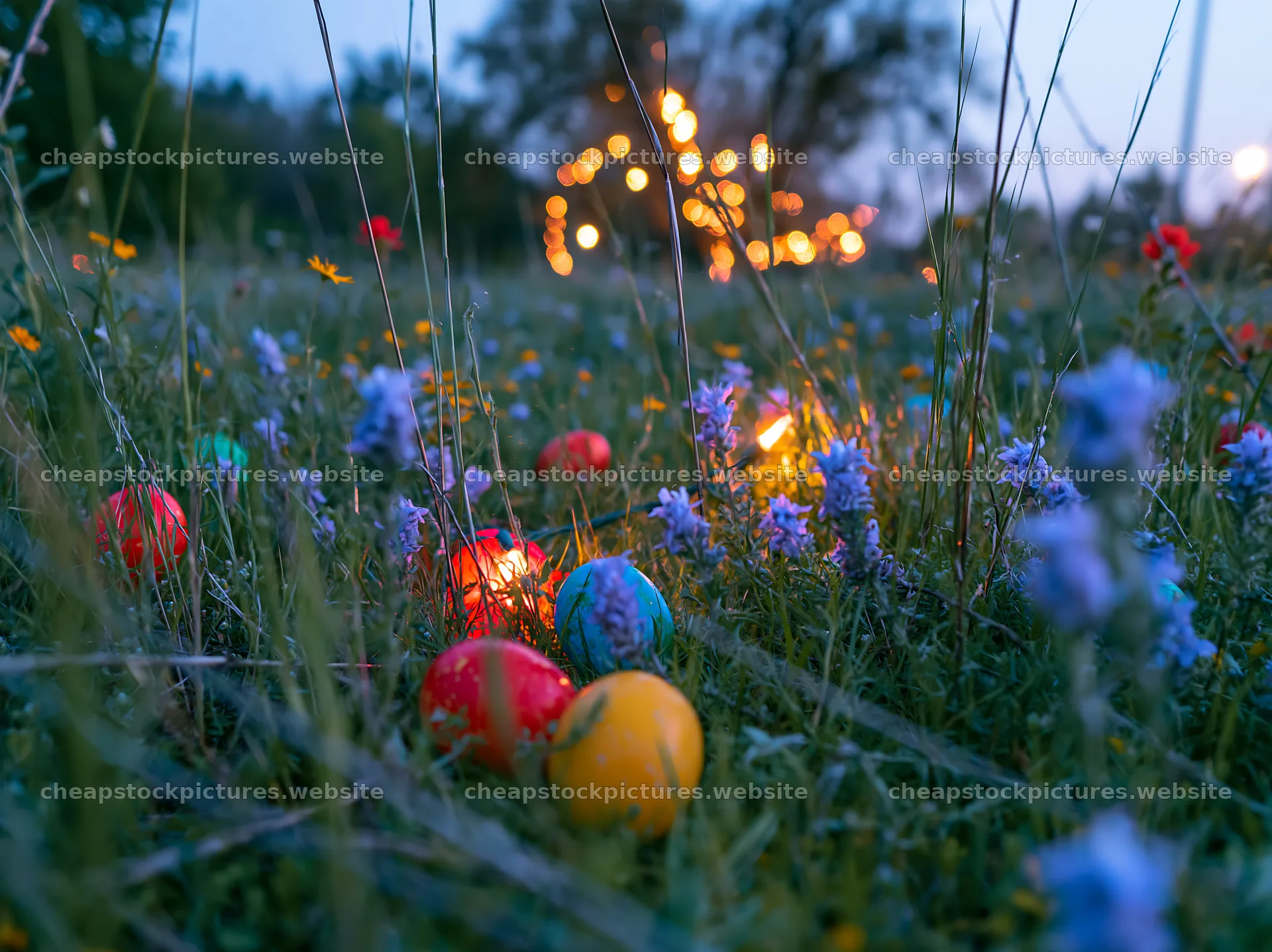 Vibrant Christmas ornaments in meadow at dusk – stock pictures 9174x6866
