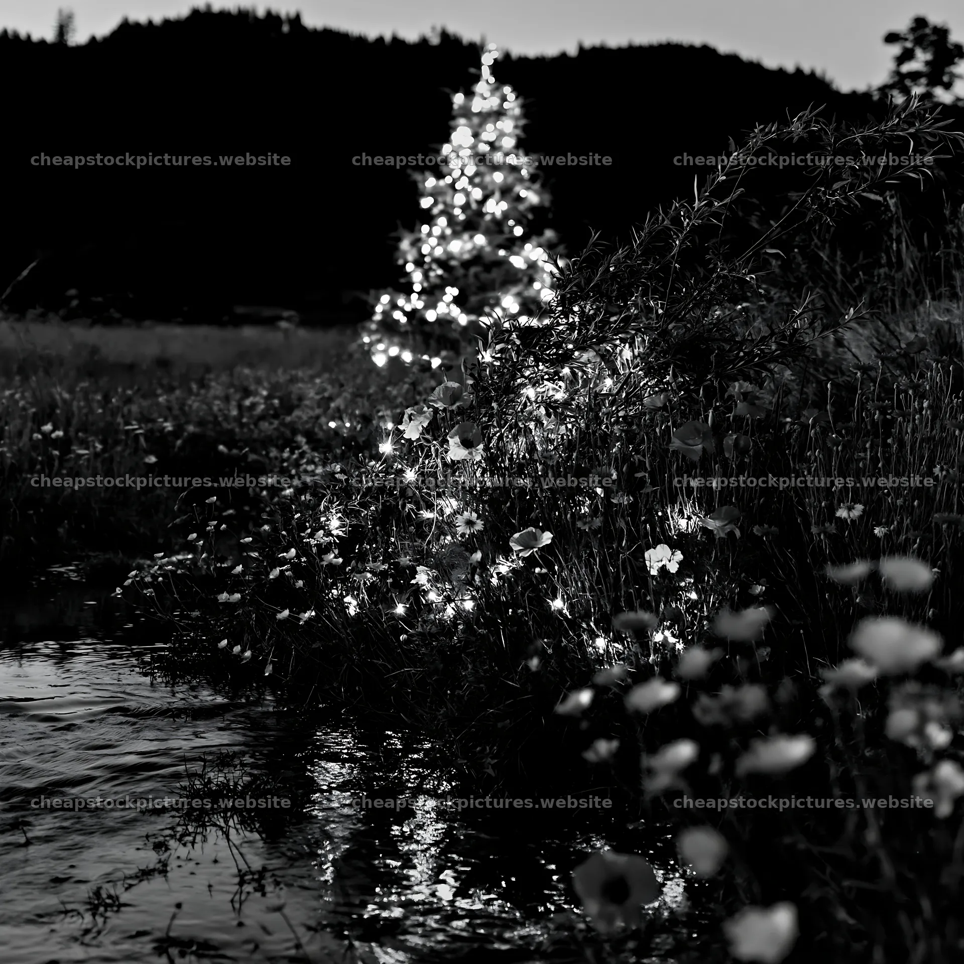 Christmas tree by stream in meadow at night – stock pictures 7938x7938