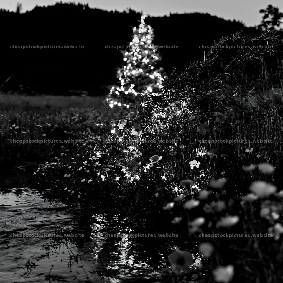 Christmas tree by stream in meadow at night – stock pictures 7938x7938
