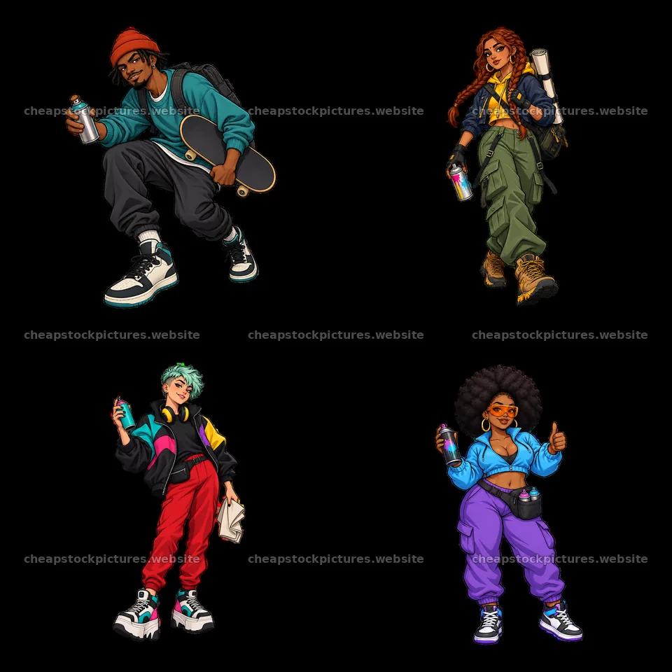 Streetwear characters with graffiti spray cans in urban style – stock pictures 7746x7746
