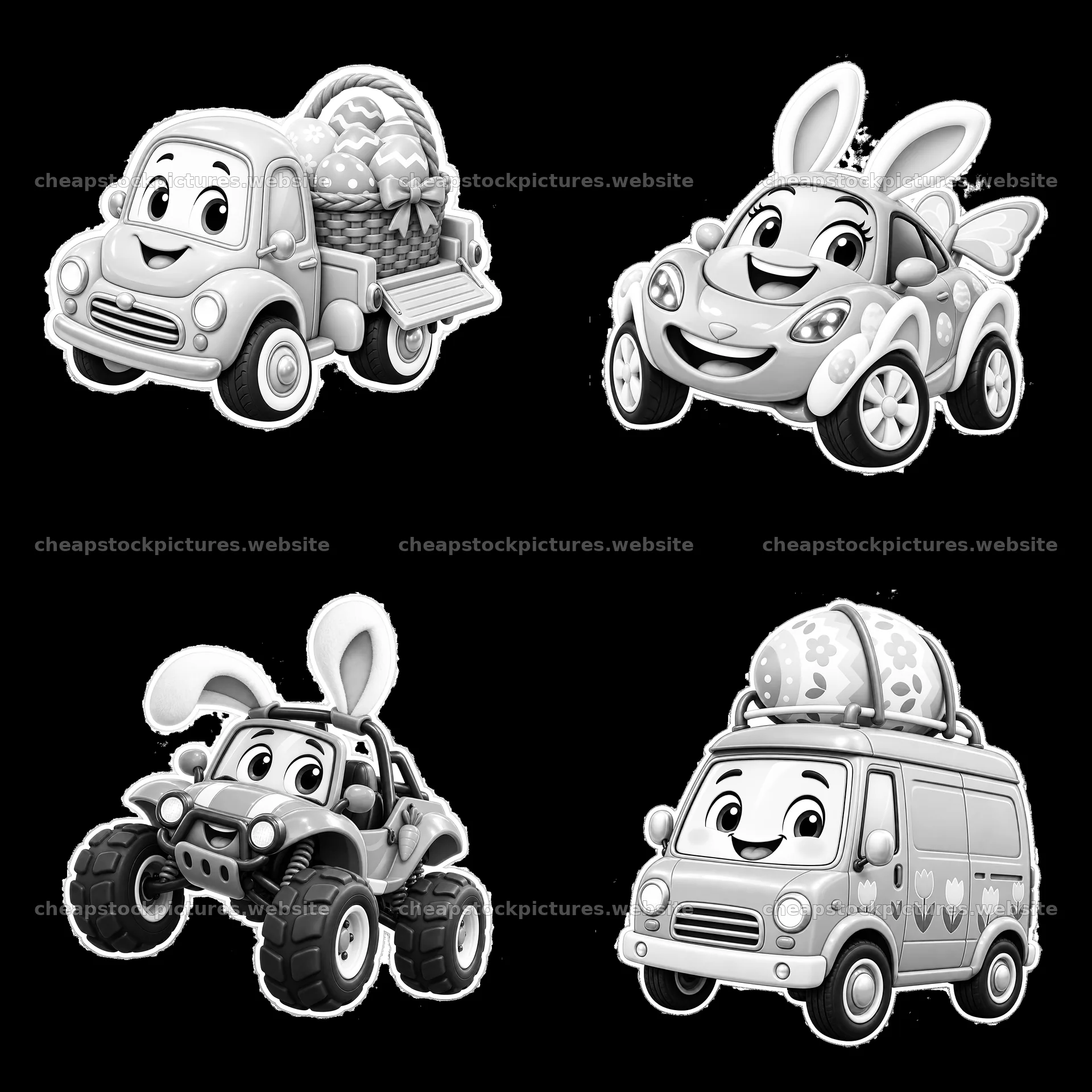 Easter themed vehicles with cartoon characters in black and white – stock pictures 7746x7746