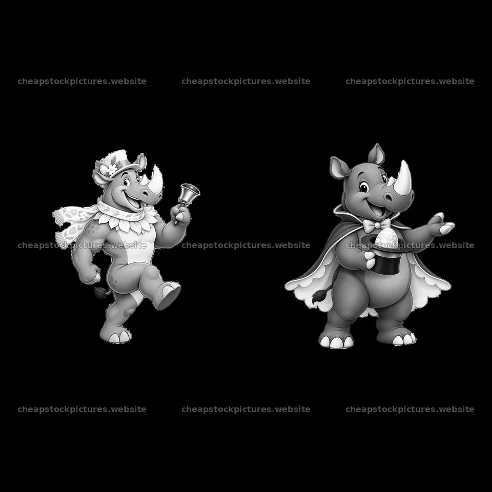 Rhinoceros characters in Easter-themed attire with props – stock pictures 7746x7746