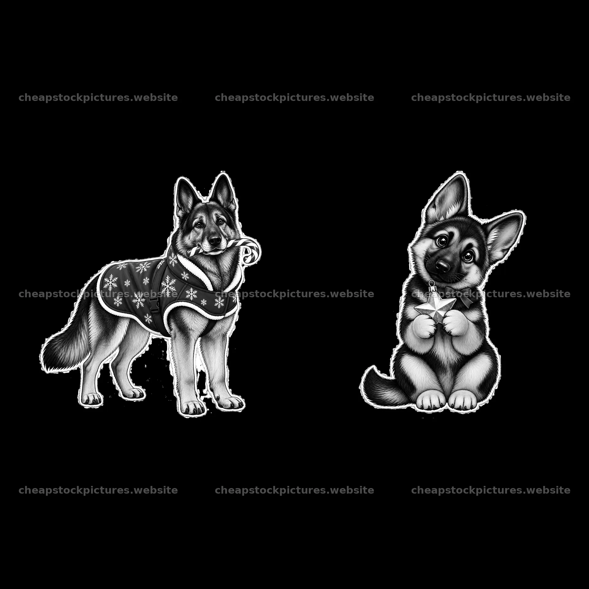 Christmas German Shepherds wearing festive outfits in black and – stock pictures 7746x7746