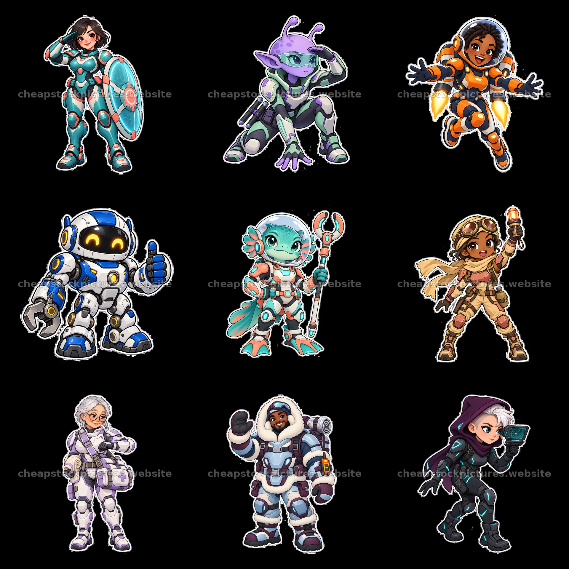 Kawaii futuristic super-soldiers in a 3x3 grid layout – stock pictures 7746x7746