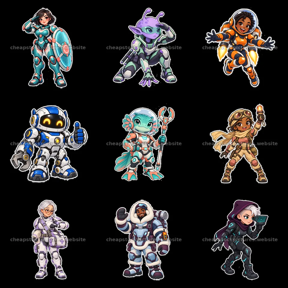 Kawaii futuristic super-soldiers in a 3x3 grid layout – stock pictures 7746x7746
