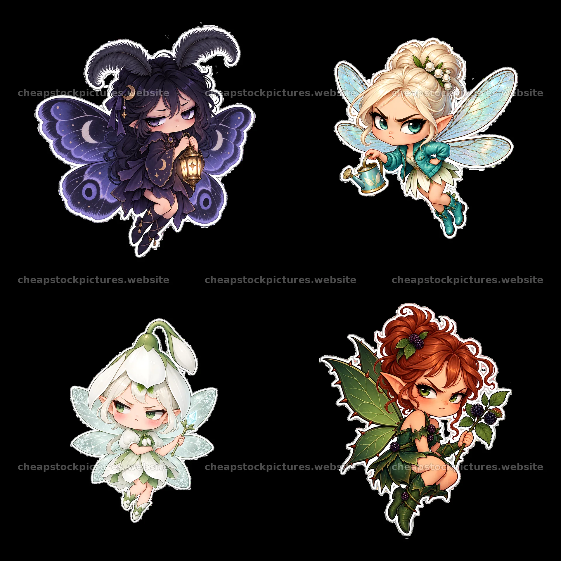 Grumpy fairies with unique features and actions in a 2x2 grid – stock pictures 7746x7746