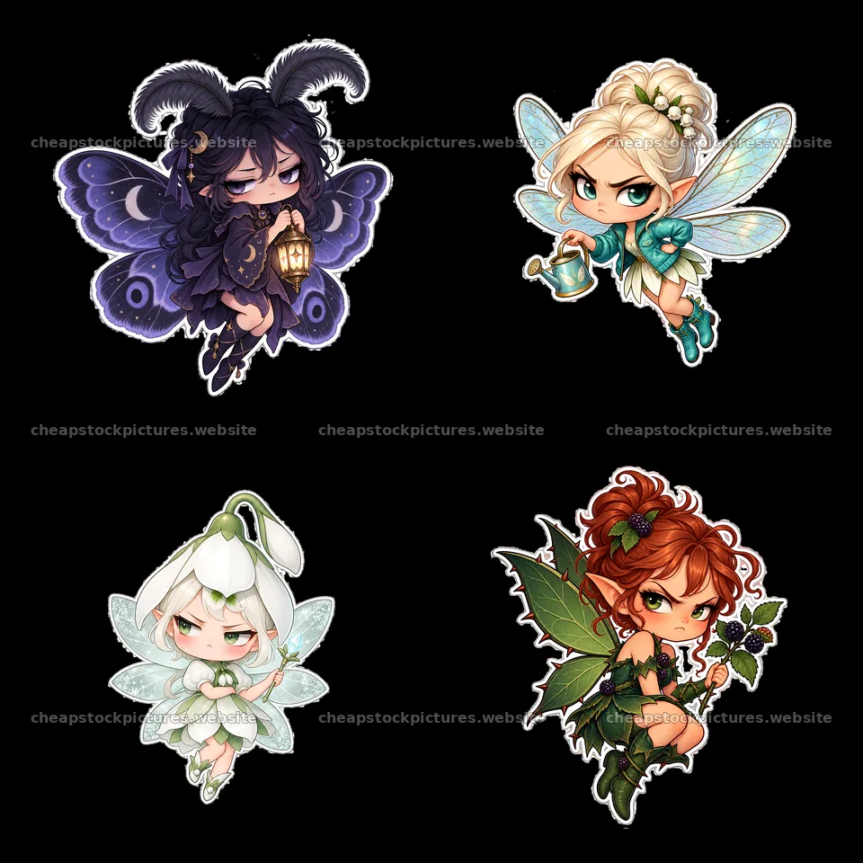 Grumpy fairies with unique features and actions in a 2x2 grid – stock pictures 7746x7746