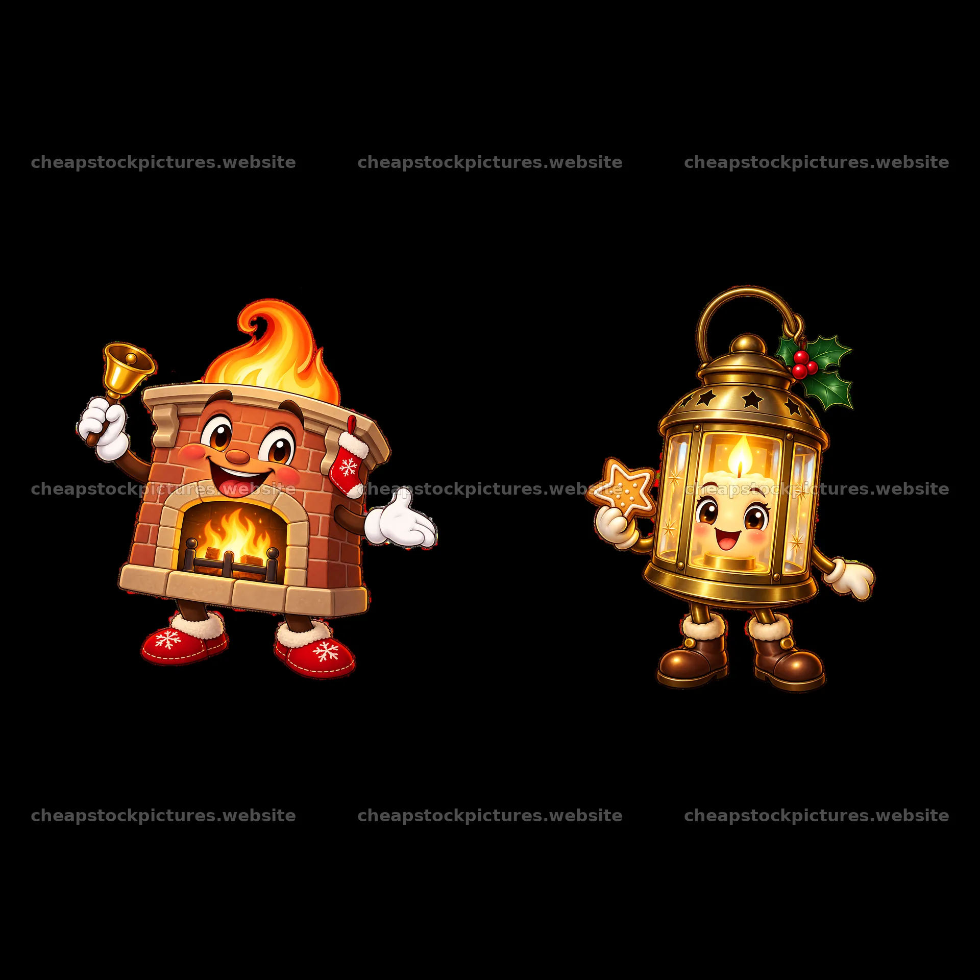 Cheerful fireplace and lantern characters for Christmas celebration – stock pictures 7746x7746