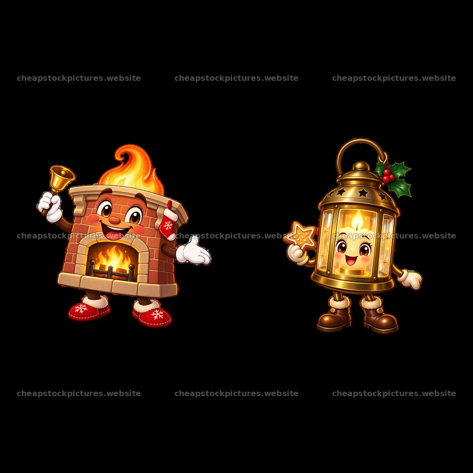 Cheerful fireplace and lantern characters for Christmas celebration – stock pictures 7746x7746