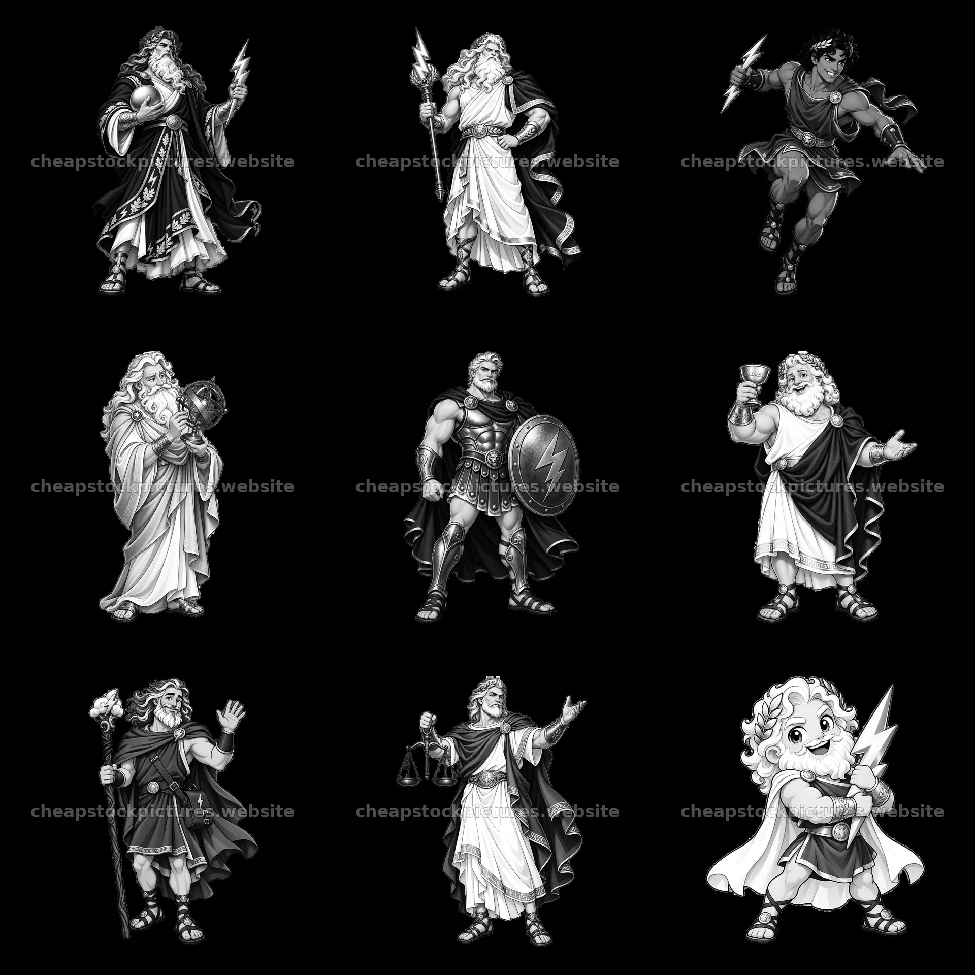Zeus and characters with symbols and actions in a grid layout – stock pictures 7746x7746