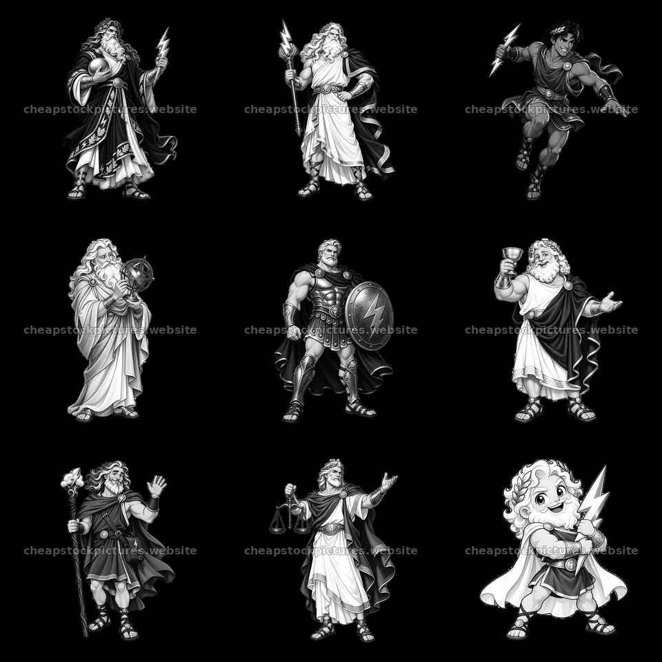 Zeus and characters with symbols and actions in a grid layout – stock pictures 7746x7746