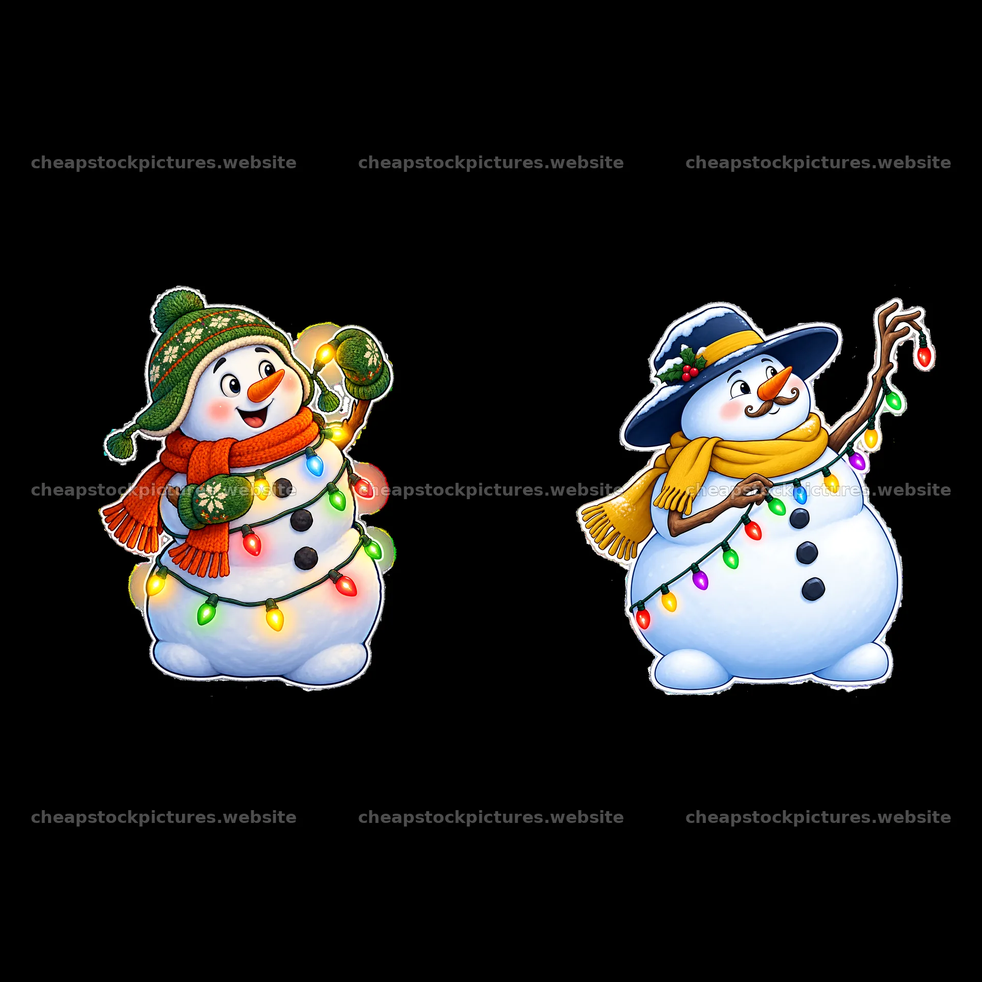Snowman figures with string lights decorated for winter – stock pictures 7746x7746