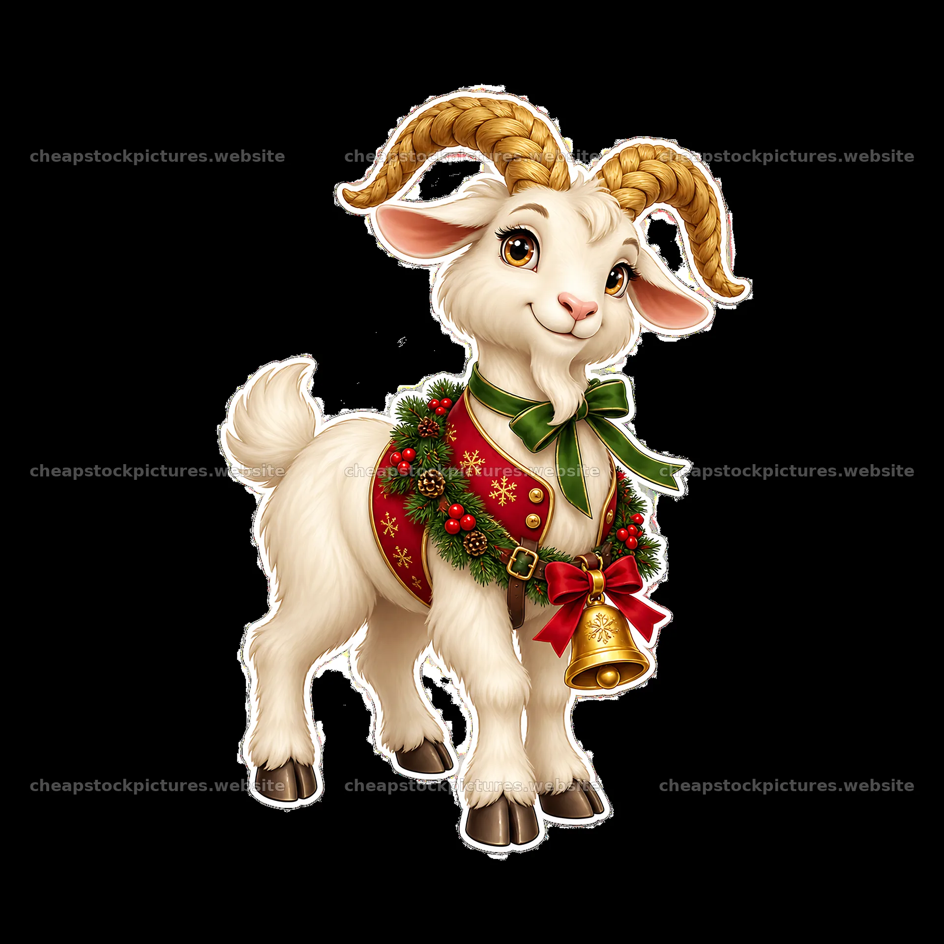 Christmas goat wearing a festive bell and wreath decoration – stock pictures 7746x7746