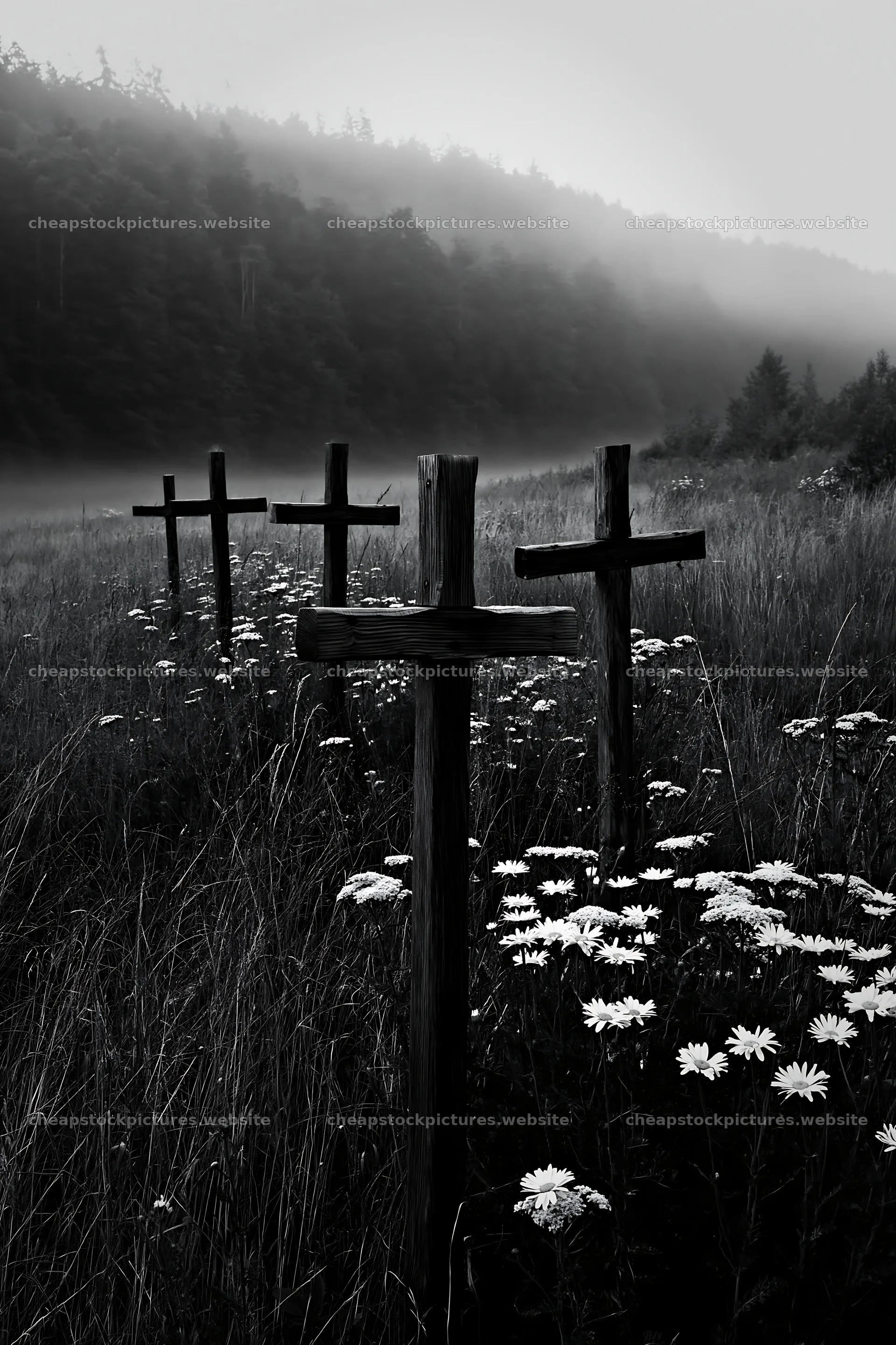 Christian crosses in meadow with flowers and fog – stock pictures 6480x9722