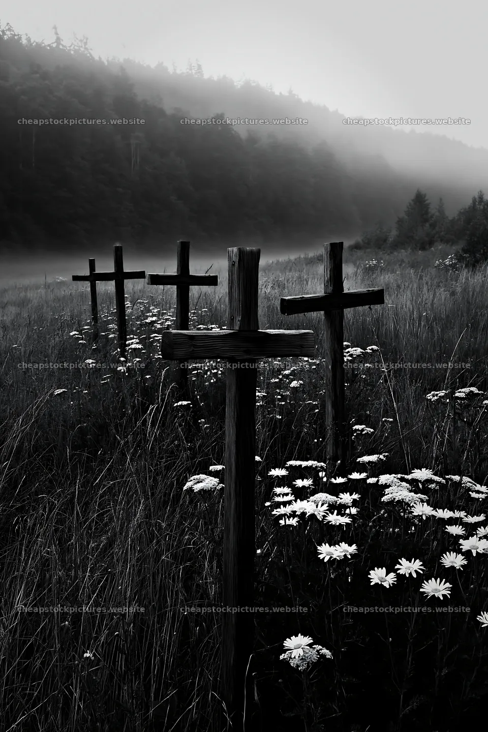 Christian crosses in meadow with flowers and fog – stock pictures 6480x9722