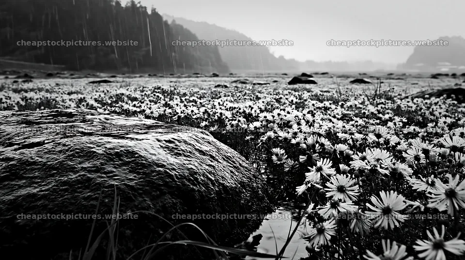 Hiroshima meadow with rocks and flowers during rain – stock pictures 10608x5938