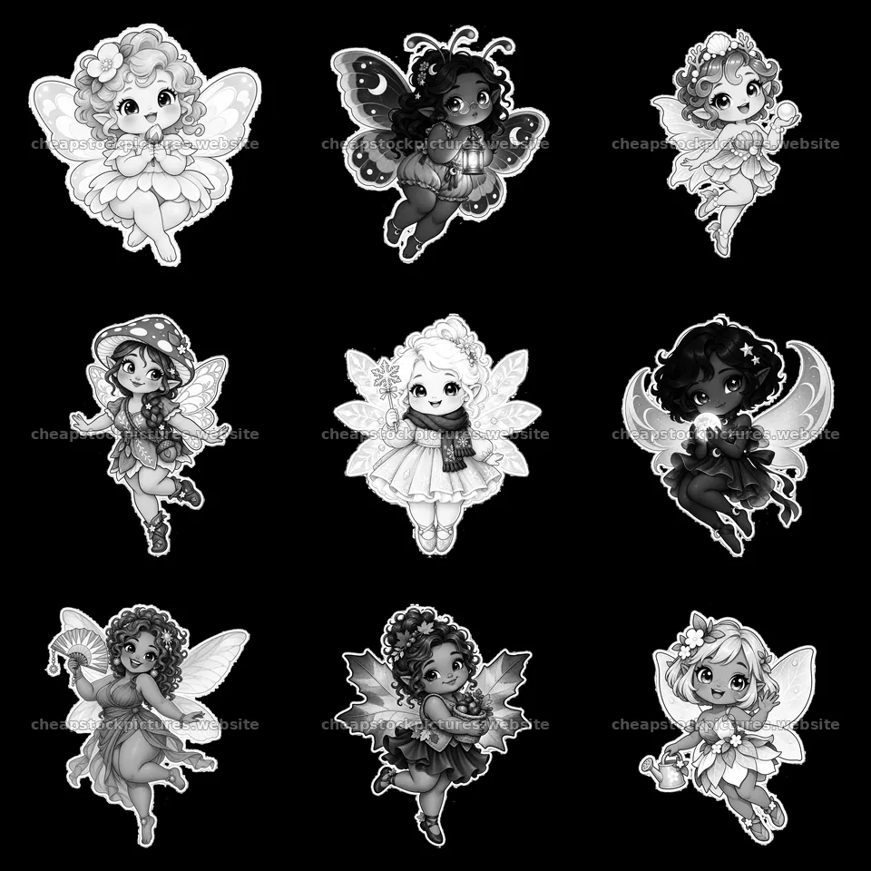Kawaii chubby fairies in a 3x3 grid sticker arrangement – stock pictures 7746x7746